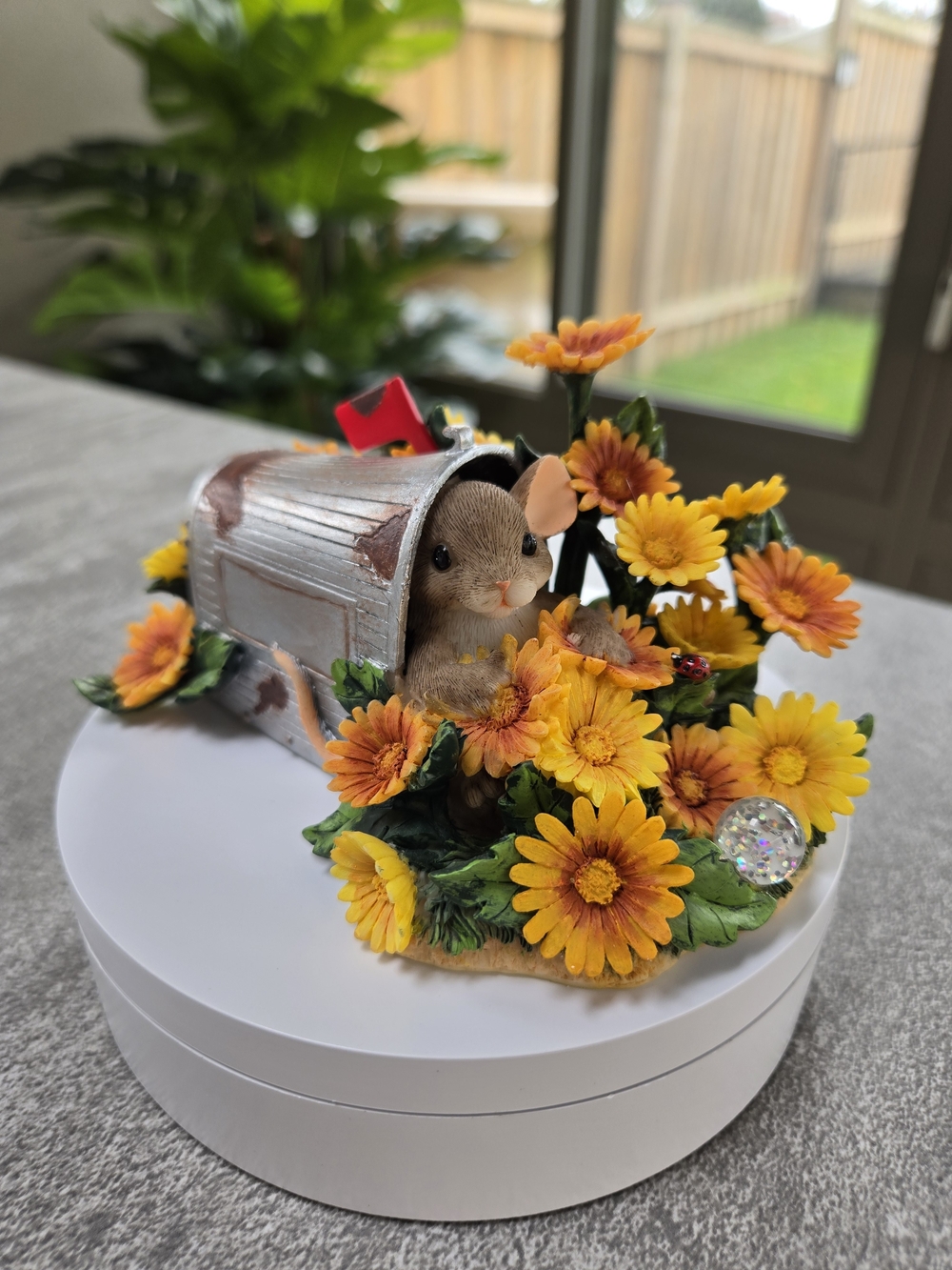 Fitz and Floyd Yellow and Orange Floral Mailbox Mouse Figurine